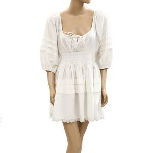 Nelle Atelier Tiered Mini Dress Smocked Crochet Lace Resort Ivory S New 285037